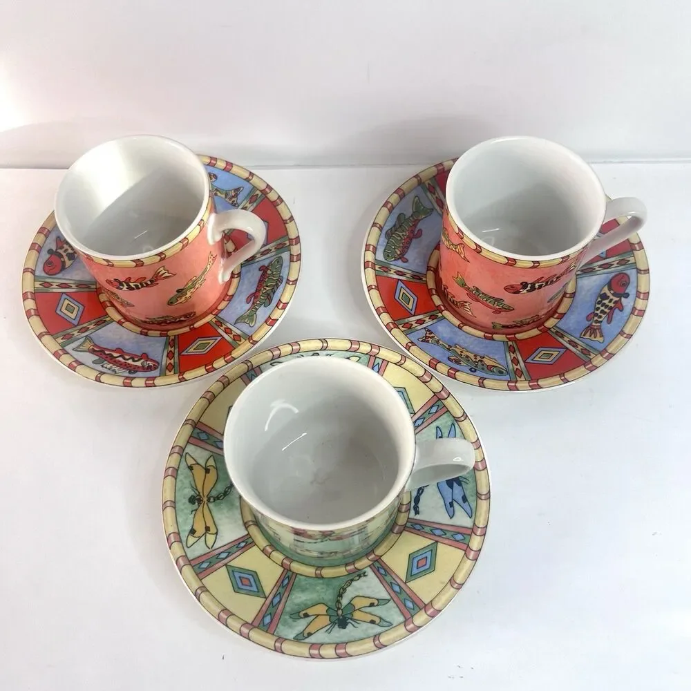 VTG. Essex Collection Splash by Siddhia Hutchinson Demitasse 3 Cup & Saucer Set